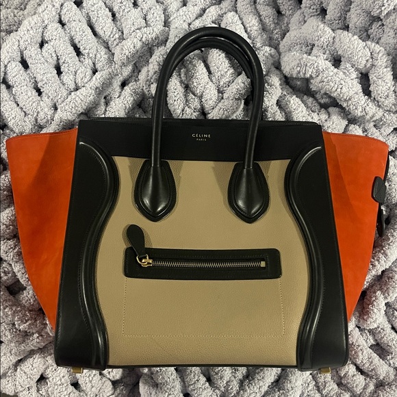 Celine Handbags - Celine Black, Tan, and Orange Luggage Tote